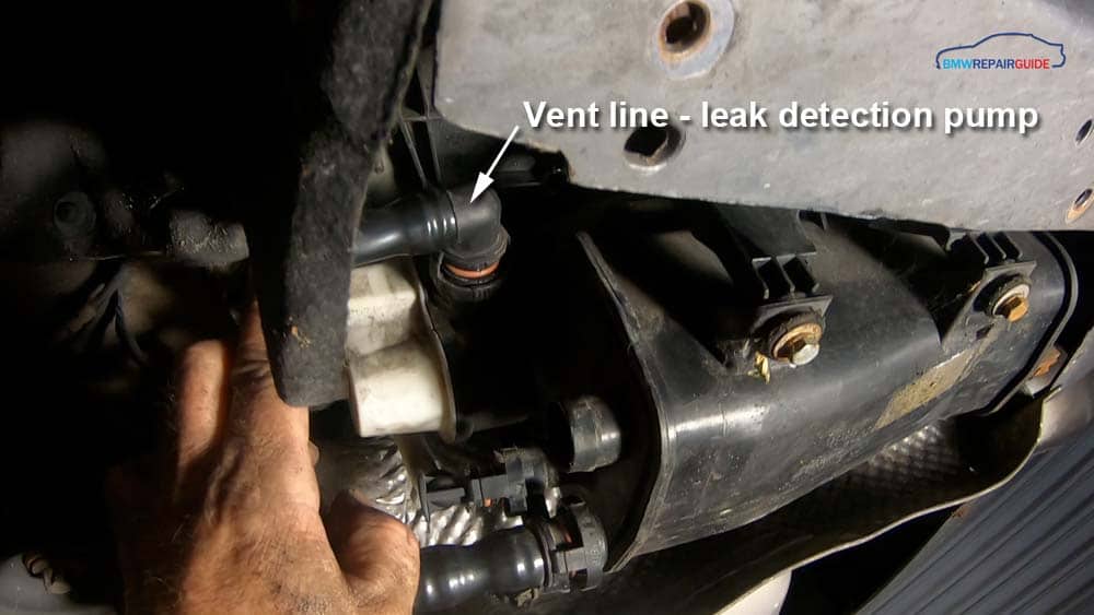 bmw e90 fuel leak detection pump removal - remove the vent line from the leak detection pump